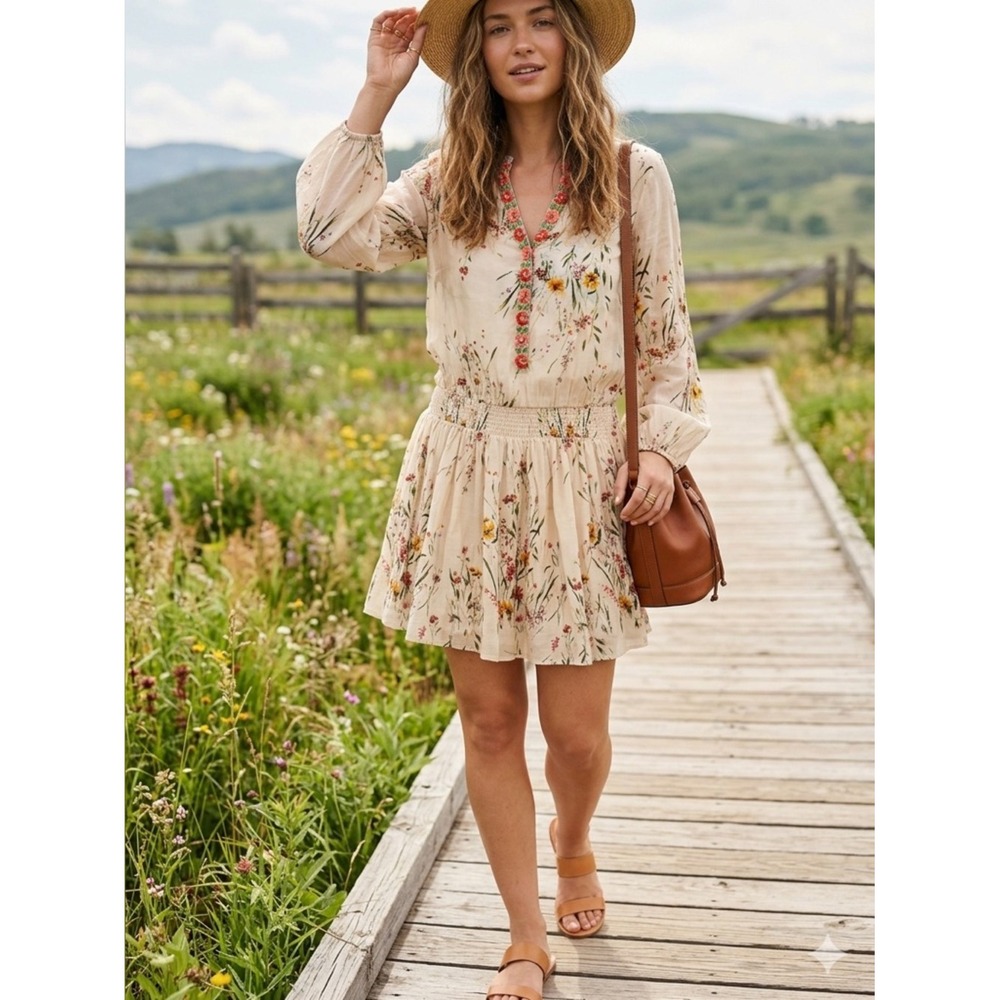 Sundance Floral Mini Dress‎ Smocked Waist Embroidered V-Neck Boho Beige Small